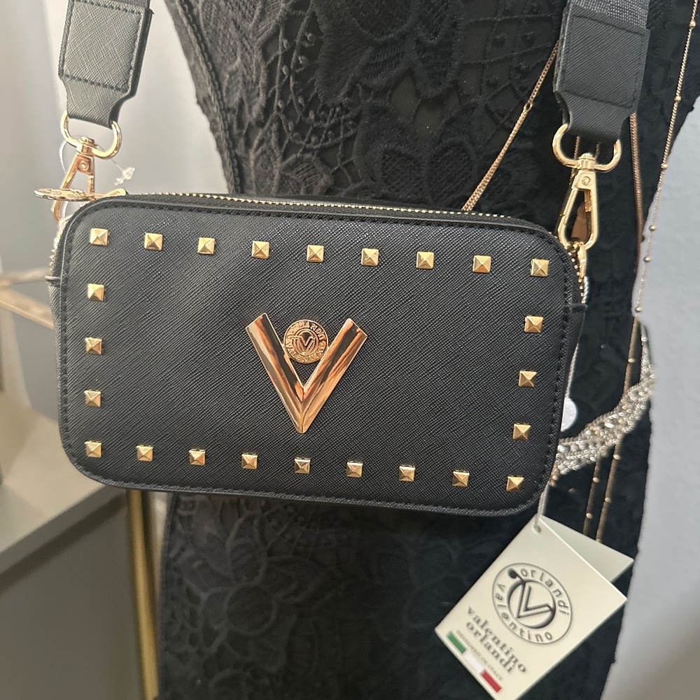 VALENTINO ORLANDI Studded Double Zip Crossbody Camera Bag Purse